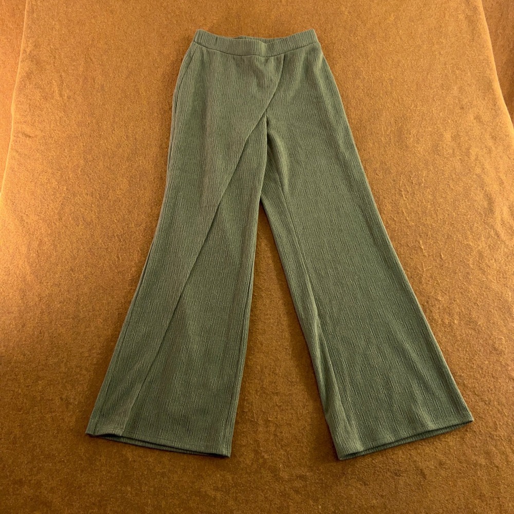 Peace Love World Womens XXS Green Ribbed Wrap Front Wide Leg Pants New